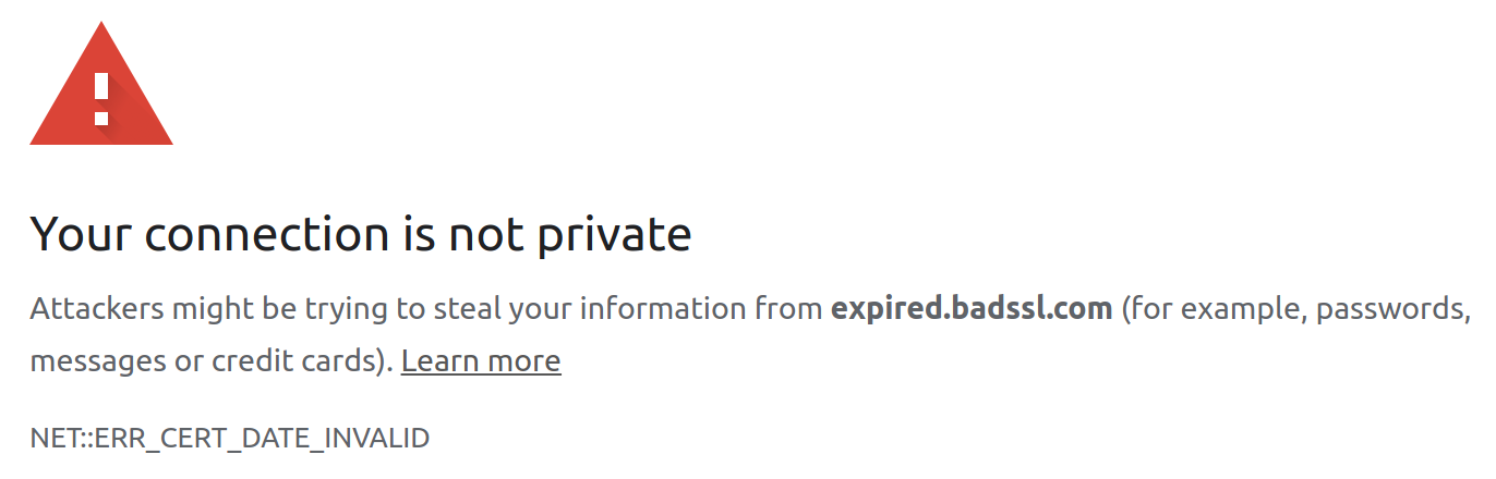 Google Chrome visiting a website with an expired SSL certificate and showing a red warning