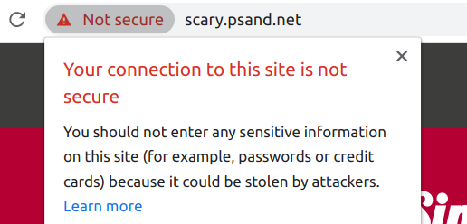 Browser visiting an HTTP website with a red warning in the address bar that reads 'Not secure'