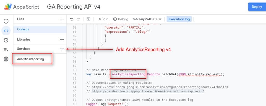 Script editor: Adding AnalyticsReporting service
