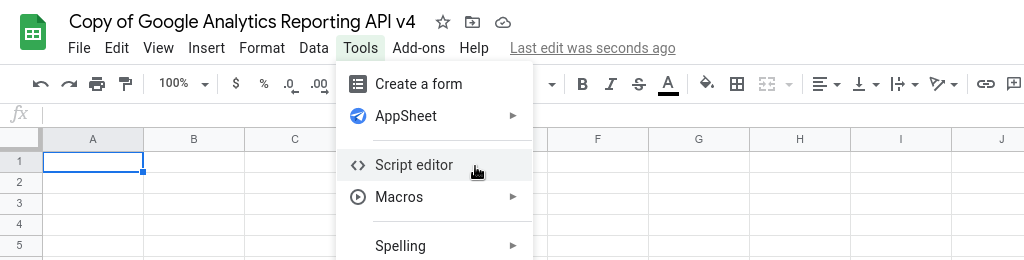Google Sheets opening script editor
