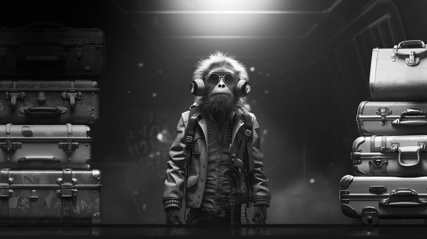 This stylish cybernetic baboon is wearing a skirt, a shirt, a pants and exudes a hipster vibe. Suitcases.