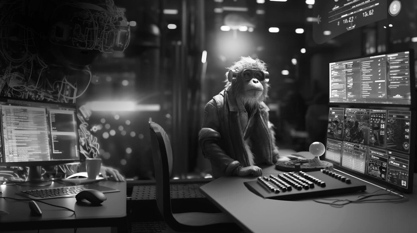 This stylish cybernetic baboon is wearing a skirt, a shirt, a pants and exudes a hipster vibe. A desktop AI system.