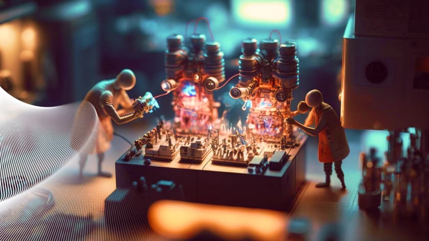 Hyper realistic long shot ultra wide award winning photo of scientists creating a machine learning model, super detailed, dramatic light, tilt shift, film grain, lens flare, neon.