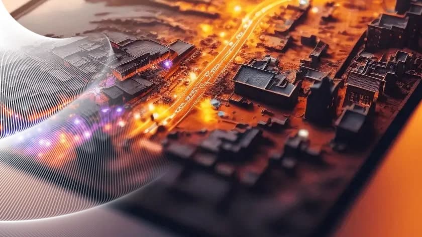 Hyper realistic long shot ultra wide award winning photo of a map, dramatic light, tilt shift, film grain, lens flare, neon.