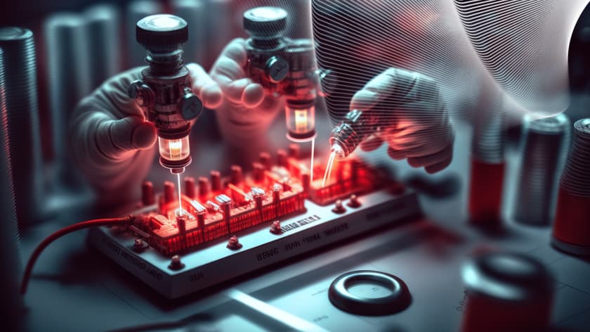 Generative AI: Hyper realistic long shot ultra wide award winning photo of scientists creating a red, white and black pad lock, super detailed, dramatic light, tilt shift, film grain, lens flare, neon.